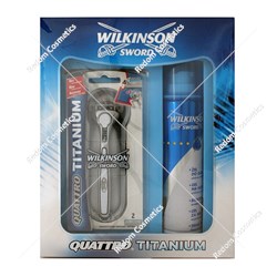 Wilkinson zestaw maszynka Quatro Titanium + żel do golenia Sensitive 200 ml