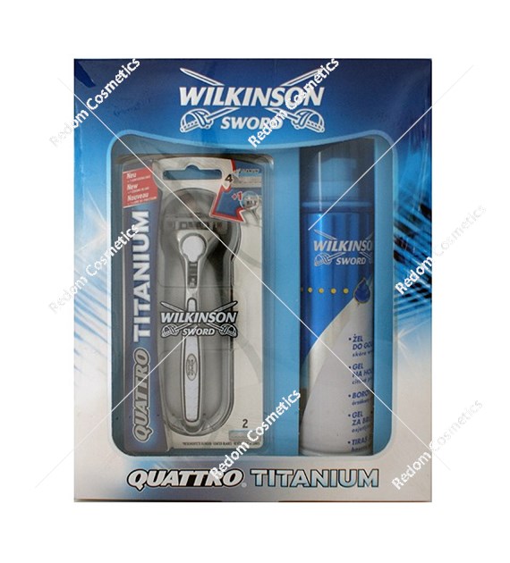 Wilkinson zestaw maszynka Quatro Titanium + żel do golenia Sensitive 200 ml