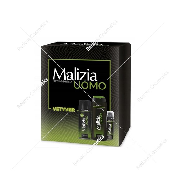 Malizia Uomo Vetyver dezodorant dla mężczyzn 175 ml + żel pod prysznic dla mężczyzn 250 ml +  pianka do golenia 50 ml