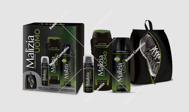 Malizia Uomo Vetyver dezodorant dla mężczyzn 175 ml + żel pod prysznic 250 ml + pianka do golenia 50 ml + torba na buty